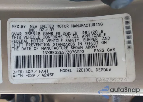 2007 Toyota Corolla Ce from USA, damaged, VIN 1NXBR32E97Z876623